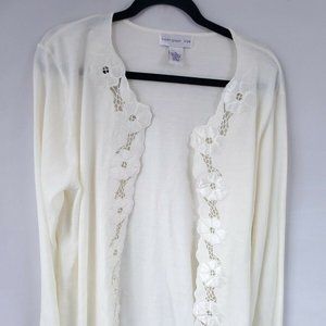 Susan Graver Women's Plus Size XL Cream Floral Trim Hook & Eye Cardigan Long Slv